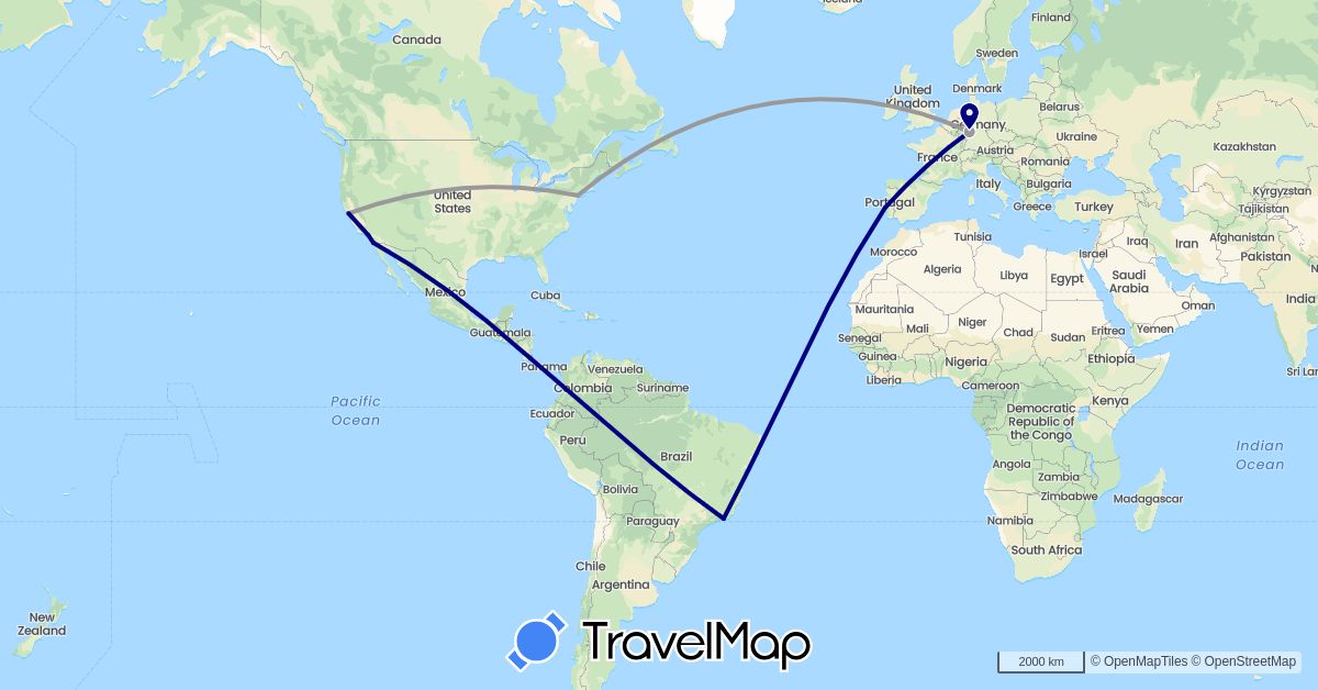 TravelMap itinerary: driving, plane in Brazil, Costa Rica, Germany, Portugal, United States (Europe, North America, South America)